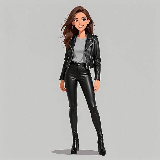 Digital illustration of a smiling woman with long brown hair, wearing a black leather jacket, gray top, black leather pants, and high-heeled boots,