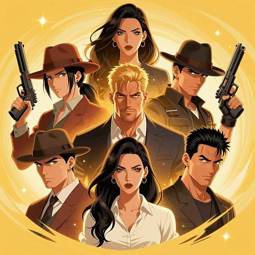 Illustrated Group of Intense Characters in Yellow Glow