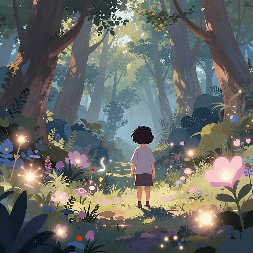 Digital illustration of a child with short black hair, wearing a white shirt and black shorts, standing in a mystical forest illuminated by glowing fireflies and colorful