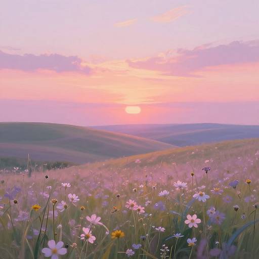 Photograph of a vibrant sunset over rolling hills, with pink and purple skies, and a field of blooming pink and white wildflowers in the foreground
