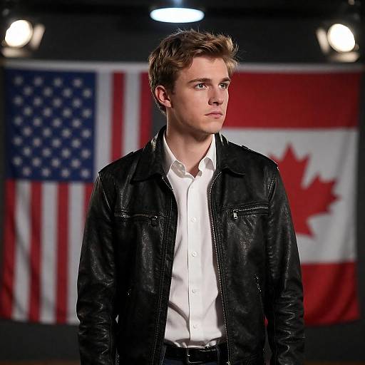 Serious Young Man with Flags Background