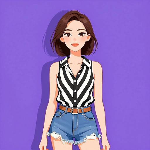 Anime-style digital drawing of a smiling woman with short brown hair, wearing a black-and-white striped sleeveless top and blue denim shorts with frayed edges