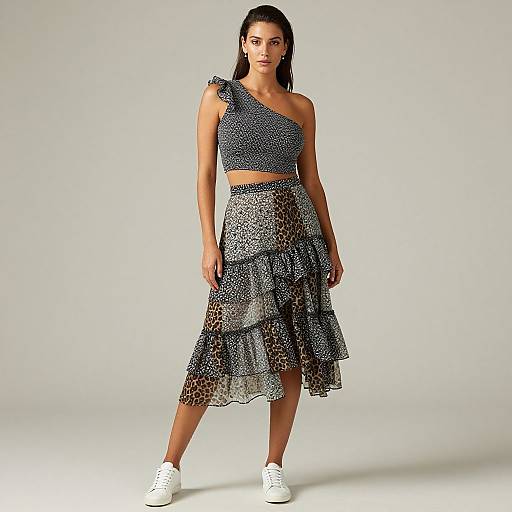 Photograph of a young woman with dark hair, wearing a black, one-shoulder, midriff-baring crop top and a multi-layer