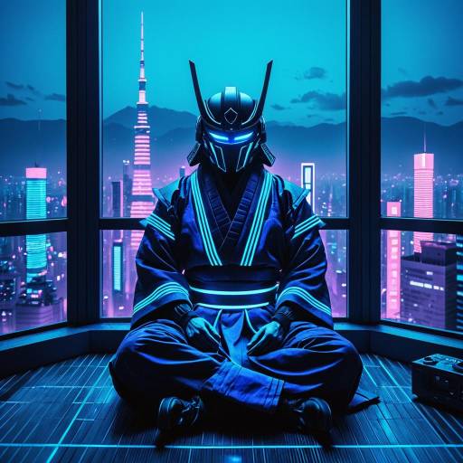 Neon Samurai Meditating in Futuristic City