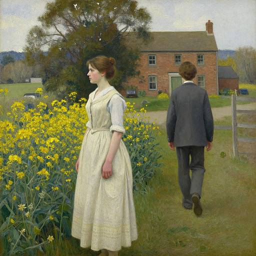 Oil painting of a Victorian couple; woman in cream dress, man in dark suit, walking away from her, past yellow flowers, to a red brick