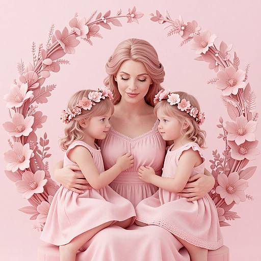 Digital illustration of a blonde woman in a pink dress, cradling two flower-crowned, blonde-haired, pink-dressed children, surrounded by pink