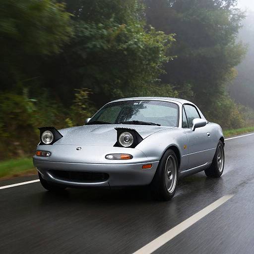 Photograph of a silver Porsche 911 speeding on a wet, rain-slicked road with lush green trees in the background.