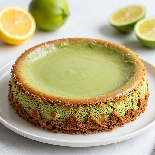 Photograph of a green lime cheesecake with a brown crust, on a white plate, surrounded by lime halves in the background.