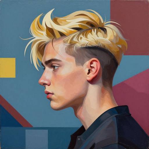 Digital art portrait of a young man with blonde, spiky hair, undercut, and fair skin, wearing a black shirt, against a colorful geometric background