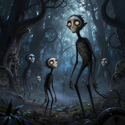 Digital illustration of eerie, tall, black-furred, wide-eyed, shadowy forest creatures with large heads, standing in a dark, misty forest