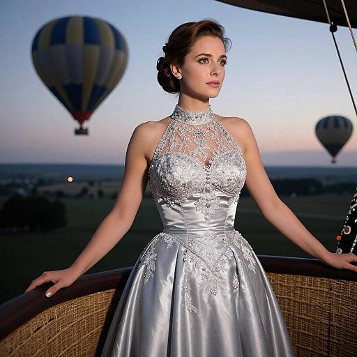 Photograph of a beautiful woman in a silver lace and satin ball gown, standing on a hot air balloon, with two colorful hot air balloons in the