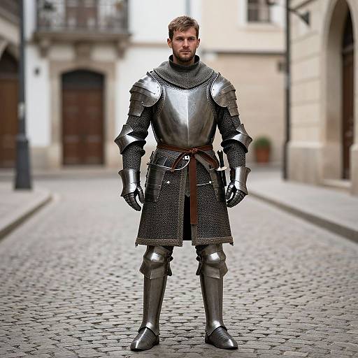 Photograph of a serious bearded man in full medieval silver armor standing on a cobblestone street in a historic European town.