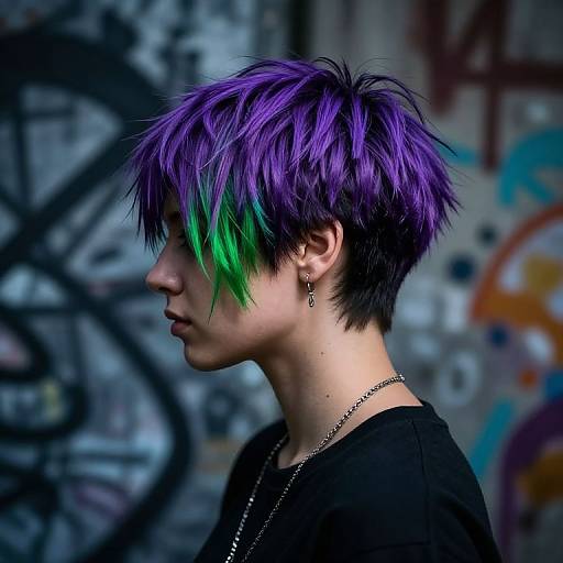 Photograph of a pale-skinned, androgynous person with short, spiky purple hair with green highlights, wearing a black shirt and silver