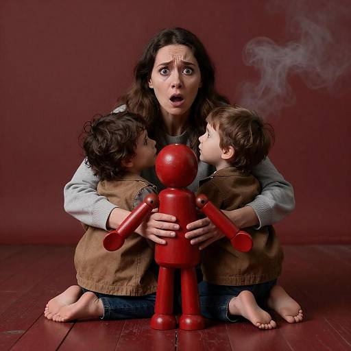 Frightened Woman and Children Embrace