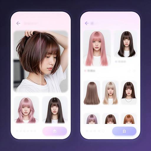 Digital graphic of a hairstyle app interface showing a brunette woman with bob haircut on left, and nine diverse hairstyles on right. Background is white with blue borders