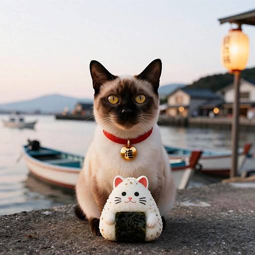 Siamese Cat with Onigiri at Coastal Harbor