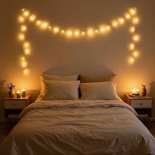 Cozy bedroom photo with warm fairy lights, white pillows, beige bedspread, two small bedside tables, candles, and minimal decor.