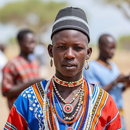 Photograph of an African woman with dark skin, wearing a black beaded hat, colorful traditional dress, and multiple bead necklaces, standing outdoors with