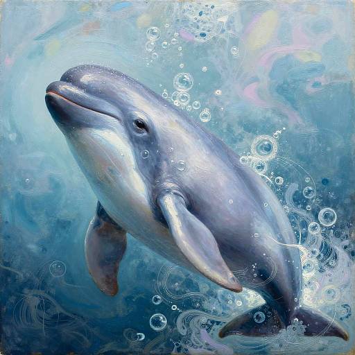 Digital painting of a sleek, silver dolphin swimming underwater, surrounded by bubbles and a shimmering blue and green ocean background.