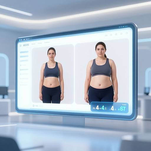 Photorealistic CGI of a woman with a medium build, wearing a black sports bra and black pants, displayed on a glowing, futuristic screen in a