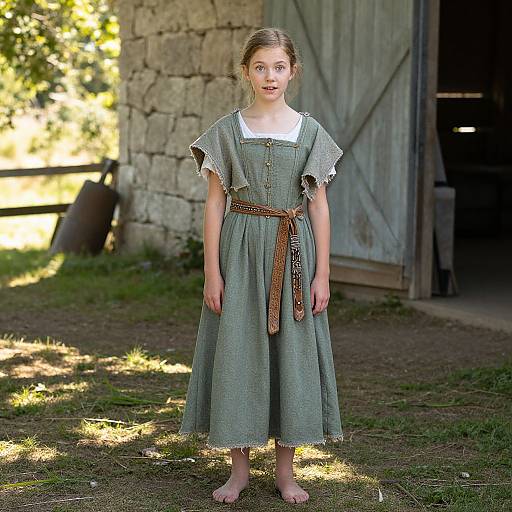Photograph of a young blonde girl in a green, Victorian-style dress with a white collar, standing barefoot in front of a rustic stone and wooden