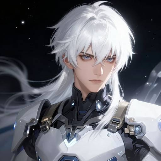 Digital anime-style portrait of a handsome, white-haired man with blue eyes, wearing white and black futuristic armor, glowing with light against a starry night