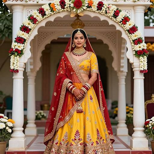 Photograph of a smiling Indian bride in a yellow and red traditional wedding saree, adorned with gold jewelry, standing under a floral archway.