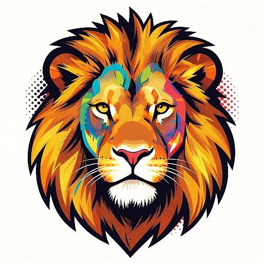 Vibrant digital illustration of a lion's face with colorful, abstract patterns in orange, yellow, blue, and red, set against a white background