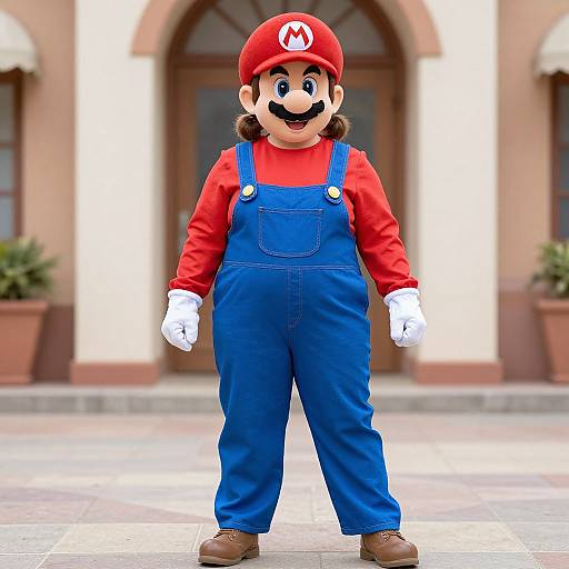 Photograph of a person in a Mario costume standing in front of a building with arched windows and potted plants.