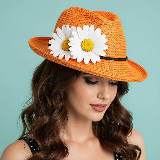 Photograph of a fair-skinned woman with wavy brown hair, wearing an orange crocheted hat with a large white daisy, against a