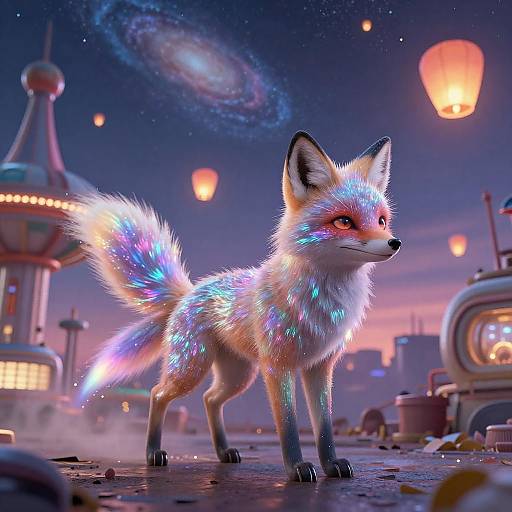 Iridescent Cosmic Fox in Retro-Futuristic Amusement Park
