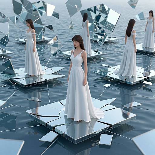 Digital art of four women in white dresses standing on reflective, mirrored platforms over dark water, surrounded by floating glass shards.