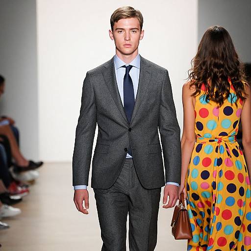 Photograph of a male model in a dark gray suit and blue tie walking a runway beside a woman in a colorful polka dot dress. Bright white