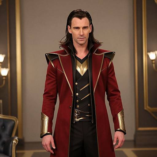 Photograph of a tall, slender man with long dark hair, wearing a maroon coat with gold accents, black shirt, and gold chest piece,