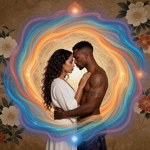 Photograph of an African-American couple with intertwined hands, surrounded by vibrant, swirling rainbow light and floral backdrop, exuding spiritual connection.