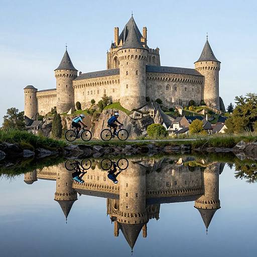 Photograph of a medieval stone castle with four towers, reflected in a calm lake. Three cyclists in blue, green, and red ride in front of