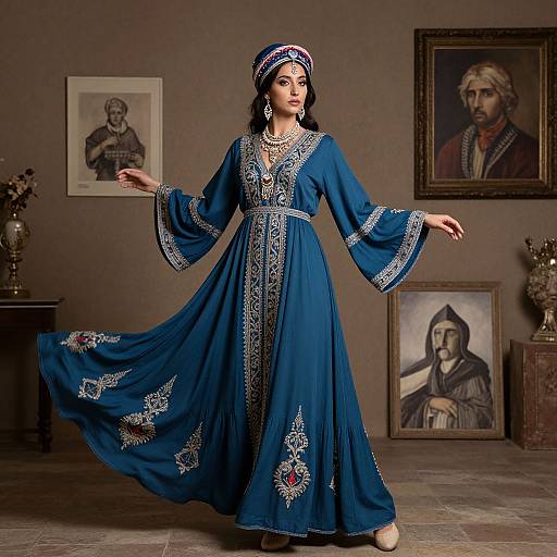 Photograph of a woman in an ornate blue traditional dress with silver embroidery, performing a dance in a room with framed portraits.