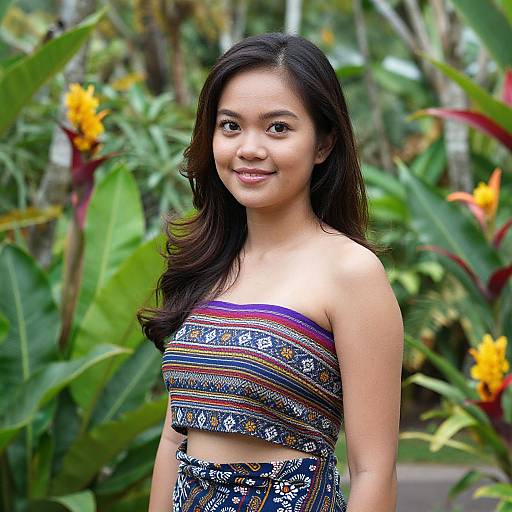 Photograph of an Asian woman with long black hair, wearing a colorful striped strapless top and patterned skirt, smiling in a lush, tropical garden