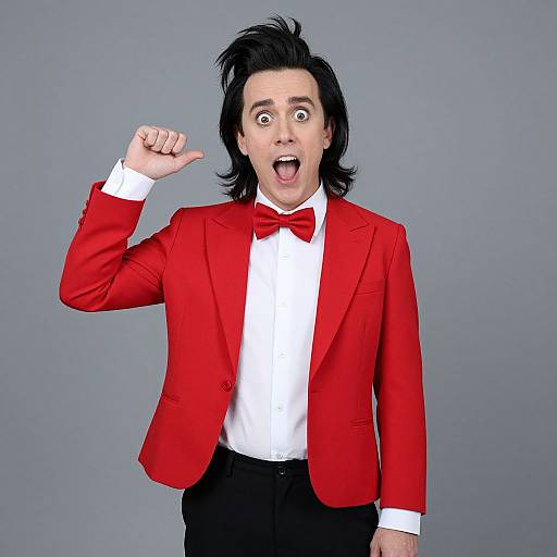 Photograph of a surprised man with black hair, wearing a red blazer, white shirt, black pants, and red bow tie, pointing with an