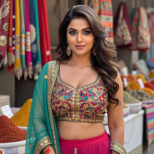 Photograph of a beautiful Indian woman with long dark hair, wearing an ornate gold and red embroidered crop top, turquoise saree, and pink pants