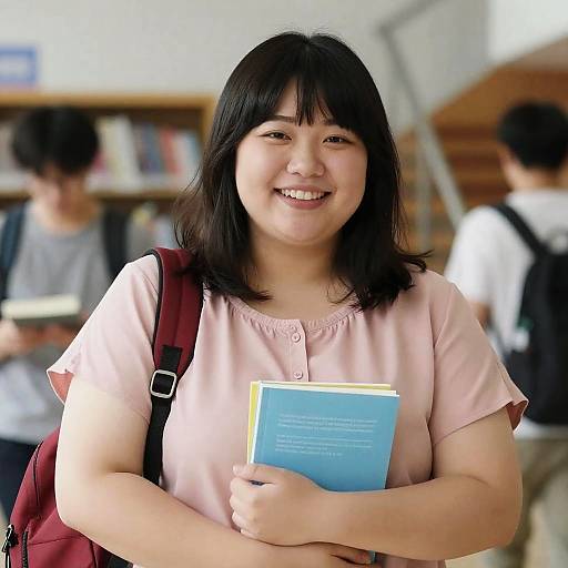 Smiling Plus-Sized Asian Woman with Books