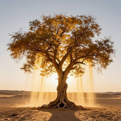 Photograph of a large, sunlit acacia tree with golden leaves and twisted trunk in a desert at sunset, casting warm light and shadows on the