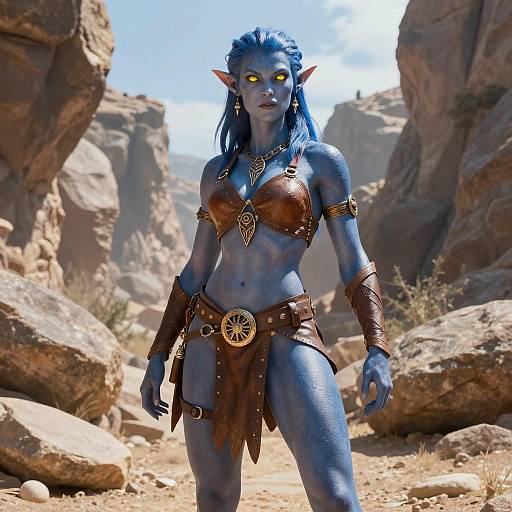 CGI fantasy image of a blue-skinned, yellow-eyed, blue-haired female elf warrior with pointed ears, wearing brown leather armor, standing in a