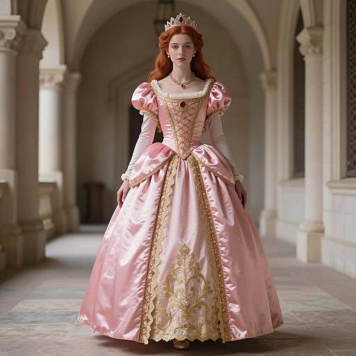 Young Woman in Pink Satin Princess Dress