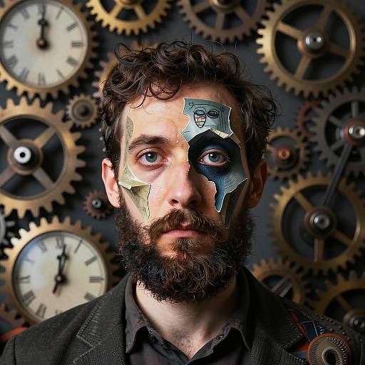 Photograph of a bearded man with a split face, one side in blue-green mask, surrounded by large brass gears and clock faces.