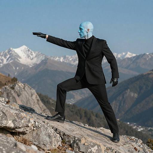 Man with Blue Face in Black Suit on Mountain Ledge