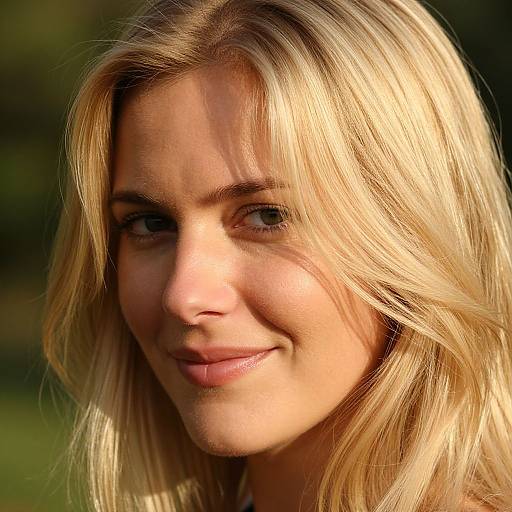 Close-up photograph of a smiling blonde woman with light blue eyes, fair skin, and shoulder-length hair, bathed in warm sunlight.