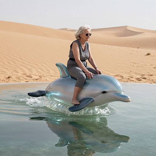 Photograph: Elderly woman with short white hair, wearing sunglasses and black-and-white patterned outfit, riding dolphin in desert oasis pool.