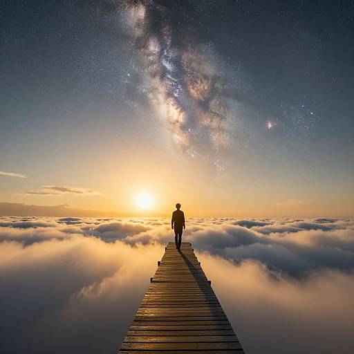 Silhouetted person on wooden pier, standing at sunrise, with Milky Way galaxy above and clouds below, creating a surreal, dreamlike scene.
