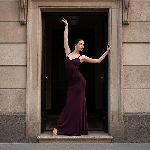Woman in Semiclassical Dance Dress Posing in Doorway